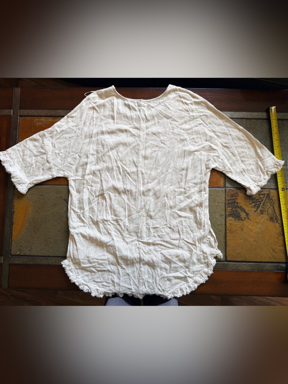 Umgee fringe hem linen blend 3/4 sleeve oatmeal small cottage core blouse - Picture 3 of 5